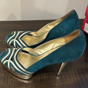 Jean Michel Cazabat Luxury Rebel Teal Suede & Gold Peep-Toe Heels